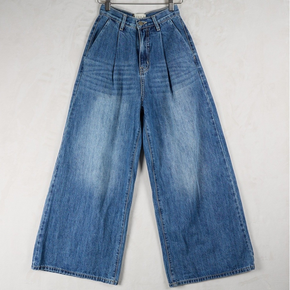 AUFRA Wide Leg Pleated‎ Denim Jeans Women's Blue Medium Wash